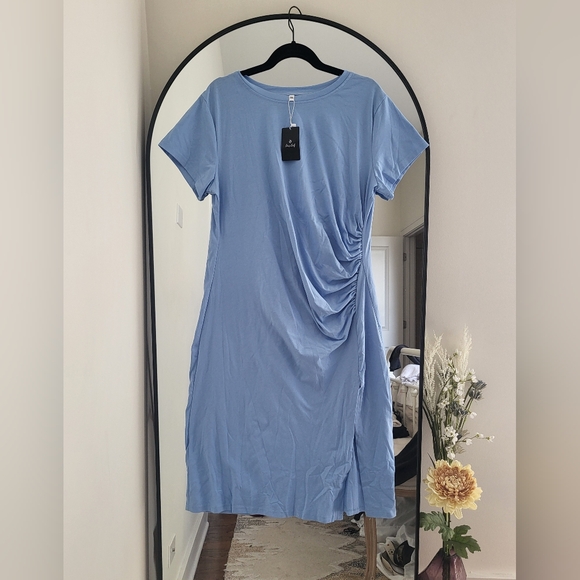 NWT Women’s Short Sleeve Ruched Bodycon Midi Dress in Sky Blue 2X fits like 1X - Picture 8 of 12